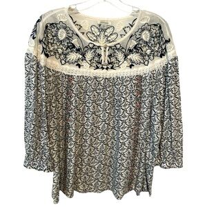 Sundance Women's Cream and Blue Embroidered Boho Peasant Blouse in Size‎ L
